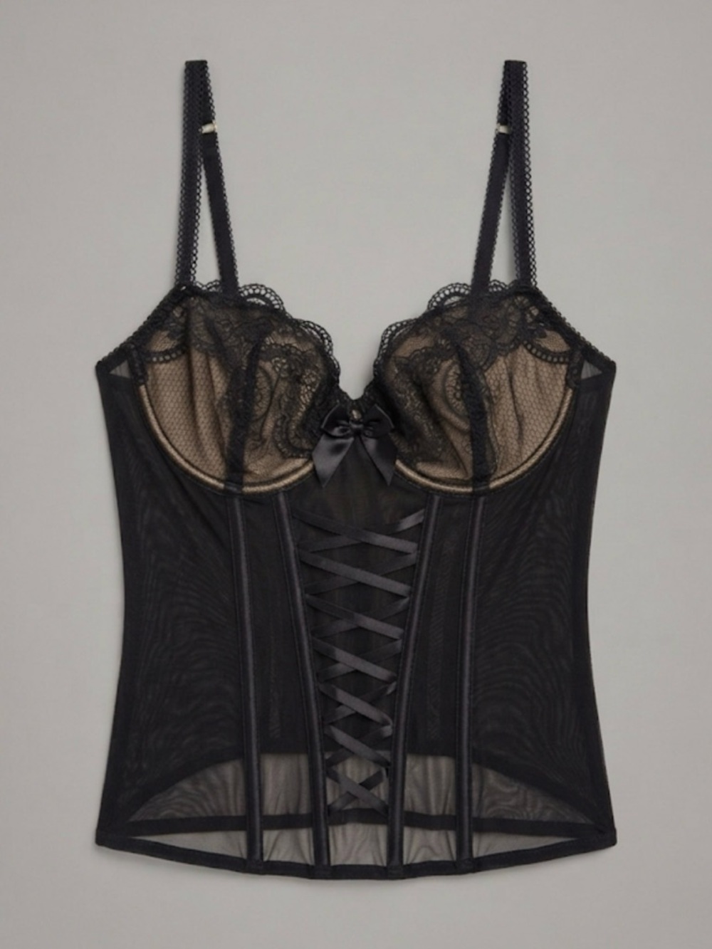 VICTORIA’S SECRET Black Lace Corset Bustier w/ Tan Underlay Women Intimates 34B